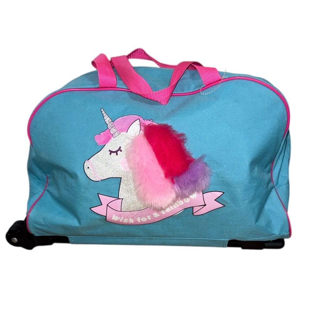 2-N-1 BLUE UNICORN KIDS ROLLING/TRAVEL WEEKENDER DUFFLE BAG EUC